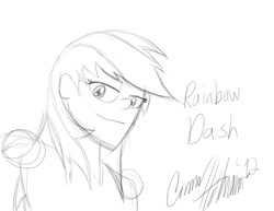 Size: 945x731 | Tagged: safe, artist:ceehoff, imported from derpibooru, rainbow dash, human, bedroom eyes, bust, eyelashes, female, humanized, lineart, monochrome, signature, simple background, smiling, solo, white background