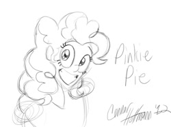 Size: 855x635 | Tagged: safe, artist:ceehoff, imported from derpibooru, pinkie pie, human, bust, eyelashes, female, grin, humanized, lineart, monochrome, signature, simple background, smiling, solo, white background