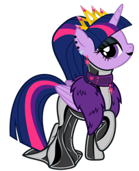 Size: 5483x6766 | Tagged: safe, artist:severity-gray, derpibooru exclusive, imported from derpibooru, twilight sparkle, alicorn, pony, alternate hairstyle, bedroom eyes, choker, clothes, collar, crown, dress, ear piercing, eyeshadow, feather boa, female, hobble skirt, horn, jewelry, latex, latex dress, lipstick, looking at you, makeup, mare, piercing, regalia, simple background, solo, transparent background, twilight sparkle (alicorn), wings