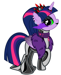 Size: 5483x6766 | Tagged: safe, alternate version, artist:severity-gray, derpibooru exclusive, imported from derpibooru, twilight sparkle, alicorn, pony, alternate hairstyle, bedroom eyes, choker, clothes, collar, corrupted, corrupted twilight sparkle, crown, dark magic, dress, ear piercing, eyeshadow, feather boa, female, glowing eyes, hobble skirt, horn, jewelry, latex, latex dress, lipstick, looking at you, magic, makeup, mare, piercing, regalia, simple background, solo, sombra eyes, transparent background, twilight sparkle (alicorn), wings