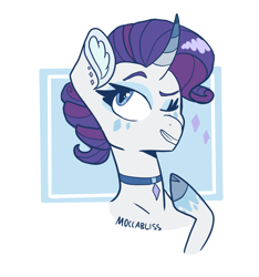 Size: 1491x1592 | Tagged: safe, artist:moccabliss, imported from derpibooru, rarity, pony, bust, choker, cloven hooves, curved horn, ear fluff, horn, portrait, solo, style emulation