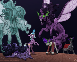 Size: 1449x1178 | Tagged: safe, artist:inuhoshi-to-darkpen, idw, imported from derpibooru, king sombra, rabia, radiant hope, oc, oc:noche, pony, umbrum, unicorn, female, glowing horn, horn, male, mare, parents:hopebra, reformed sombra, stallion, story in the source