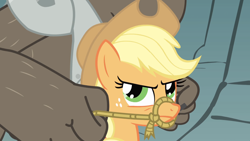 Size: 2208x1242 | Tagged: safe, imported from derpibooru, applejack, diamond dog, earth pony, pony, a dog and pony show, applejack is not amused, bridle, diamond dog guard, diamond dog riding applejack, dogs riding ponies, female, imminent rodeo, mare, riding, rope, tack, this will end in pain, this will end in pain and/or death, unamused