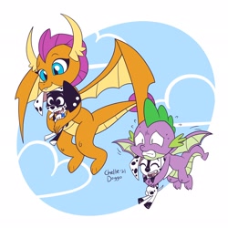 Size: 2048x2048 | Tagged: safe, artist:chelledoggo, imported from derpibooru, smolder, spike, dalmatian, dog, dragon, friendship is magic, 101 dalmatian street, cloud, crossover, dee dee, dee dee (101 dalmatian street), dizzy, dizzy (101 dalmatian street), dragoness, female, flying, high res, laughing, my little pony, sky, smiling, winged spike, wings