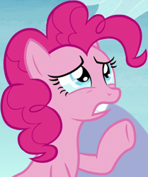 Size: 874x1044 | Tagged: safe, imported from derpibooru, screencap, pinkie pie, earth pony, pony, season 8, the maud couple, spoiler:s08, cropped, crying, female, mare, raised hoof, sad, solo, teary eyes, teeth