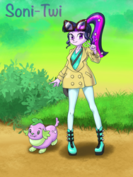 Size: 1668x2224 | Tagged: safe, artist:xjleiu, imported from derpibooru, sci-twi, spike, spike the regular dog, twilight sparkle, dog, equestria girls, boots, clothes, clothes swap, cosplay, costume, duo, female, glasses, jacket, pokemon sword and shield, pokémon, ponytail, satchel, shoes, sonia (pokémon), yamper