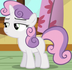 Size: 835x812 | Tagged: safe, imported from derpibooru, screencap, sweetie belle, pony, unicorn, bloom and gloom, season 5, clubhouse, cropped, crusaders clubhouse, disapproval, female, filly, solo, sweetie belle is not amused, unamused