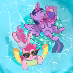 Size: 2048x2048 | Tagged: safe, artist:pfeffaroo, imported from derpibooru, pinkie pie, twilight sparkle, alicorn, earth pony, pony, book, duo, female, floaty, glowing horn, high res, horn, inner tube, magic, mare, smiling, sunglasses, swimming, telekinesis, twilight sparkle (alicorn), underhoof, water