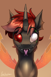 Size: 2000x3000 | Tagged: safe, artist:jedayskayvoker, imported from derpibooru, oc, oc only, oc:skuler, changeling, changeling oc, fangs, gradient background, heterochromia, high res, male, red changeling, scar, smiling, solo, stallion, tongue out
