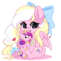 Size: 1080x1080 | Tagged: safe, artist:yomechka, imported from derpibooru, princess cadance, oc, oc only, oc:bay breeze, alicorn, pegasus, pony, animated, bow, cadance plushie, commission, cute, female, gif, hair bow, heart eyes, mare, mouth hold, ocbetes, pegasus oc, plushie, simple background, sitting, solo, tail bow, tail wag, white background, wingding eyes, wings, ych animation, ych result