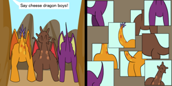 Size: 1280x640 | Tagged: safe, artist:platinumdrop, imported from derpibooru, billy (dragon), clump, fume, spear (dragon), dragon, billy, butt, plot line, request, spear (g4), speech bubble