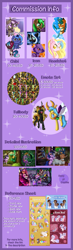 Size: 825x2820 | Tagged: safe, artist:happy-go-creative, imported from derpibooru, oc, oc:cloud blazer, oc:rainbow star, oc:rose bud, alicorn, bat pony, breezie, centaur, changedling, changeling, earth pony, pegasus, pony, seapony (g4), unicorn, advertisement, armor, bat pony oc, bipedal, commission, commission info