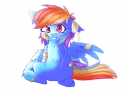Size: 2048x1550 | Tagged: safe, artist:cloudberry_mess, imported from derpibooru, rainbow dash, pegasus, pony, bandage, bandaid, cheek fluff, chest fluff, ear fluff, floppy ears, grin, leg fluff, smiling, solo, spread wings, underhoof, wings