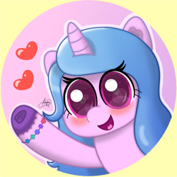 Size: 1280x1280 | Tagged: safe, artist:limitmj, imported from derpibooru, izzy moonbow, pony, unicorn, abstract background, blushing, bracelet, cute, female, g5, heart, izzybetes, jewelry, looking at you, mare, open mouth, solo, unshorn fetlocks