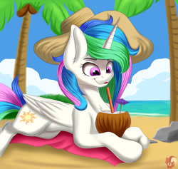 Size: 1280x1213 | Tagged: safe, artist:joaothejohn, imported from derpibooru, princess celestia, alicorn, pony, beach, coconut, female, food, hat, mare, palm tree, solo, tree