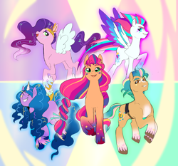 Size: 2750x2558 | Tagged: safe, artist:aztrial, imported from derpibooru, hitch trailblazer, izzy moonbow, pipp petals, sunny starscout, zipp storm, earth pony, pegasus, pony, unicorn, spoiler:my little pony: a new generation, adorapipp, blaze (coat marking), coat markings, crown, curly mane, cute, facial markings, female, g5, high res, history repeats itself, jewelry, male, mane five (g5), mare, mohawk, my little pony: a new generation, pale belly, rainbow power, rainbow power-ified, raised hoof, regalia, royal sisters (g5), siblings, sisters, socks (coat markings), stallion, unshorn fetlocks