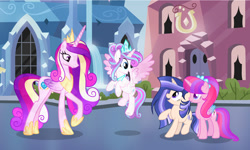 Size: 1280x766 | Tagged: safe, artist:gloriaartist, artist:starflightsparkleyt, imported from derpibooru, princess cadance, princess flurry heart, oc, oc:coral sparkle, oc:starflight sparkle, alicorn, pony, unicorn, female, mare, older