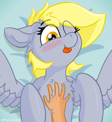 Size: 4000x4348 | Tagged: safe, artist:d3f4ult_4rt1st, imported from derpibooru, derpy hooves, human, pegasus, pony, blushing, chest fluff, cute, derpabetes, ear fluff, floppy ears, hand, human on pony petting, lying down, on back, one eye closed, petting, solo, solo focus, spread wings, tongue out, wings