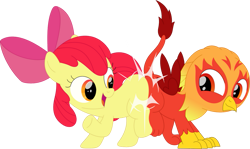 Size: 1159x690 | Tagged: safe, artist:porygon2z, imported from derpibooru, apple bloom, oc, oc:heatwave, earth pony, griffon, pony, butt bump, butt to butt, butt touch, duo, female, filly, simple background, transparent background