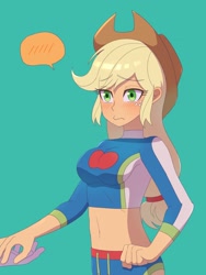 Size: 1620x2160 | Tagged: safe, artist:haibaratomoe, imported from derpibooru, applejack, rarity, equestria girls, equestria girls series, forgotten friendship, belly button, blushing, breasts, busty applejack, clothes, eye clipping through hair, eyebrows, eyebrows visible through hair, female, freckles, green background, holding hands, midriff, offscreen character, simple background, solo, solo focus, swimsuit, tomboy