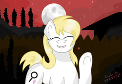 Size: 1280x887 | Tagged: safe, artist:friedrich911, imported from derpibooru, oc, oc only, oc:susanne, pony, blonde, eyes closed, female, house, mare, moon, raised hoof, sky, smiling, solo, stars, sunset, tree, waving, white