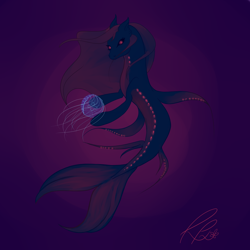 Size: 2000x2000 | Tagged: safe, artist:elderflowerfoo, imported from derpibooru, oc, oc only, jellyfish, merpony, seapony (g4), crepuscular rays, dorsal fin, fish tail, flowing mane, flowing tail, glowing eyes, high res, ocean, signature, simple background, solo, tail, underwater, water