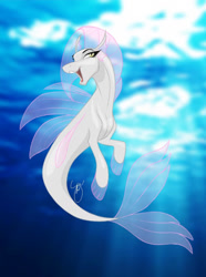 Size: 784x1054 | Tagged: safe, artist:amaryllisdreamer, imported from derpibooru, oc, oc only, seapony (g4), clothes, crepuscular rays, eyelashes, fin wings, fins, fish tail, flowing tail, ocean, open mouth, see-through, signature, smiling, solo, sunlight, swimming, tail, teeth, underwater, water, wings, yellow eyes