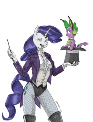 Size: 1000x1316 | Tagged: safe, artist:baron engel, color edit, edit, imported from derpibooru, rarity, spike, anthro, dragon, unicorn, beautiful, breasts, bunny ears, bunny out of the hat, clothes, colored, cute, female, fishnet pantyhose, gloves, hat, horn, horn ring, implied shipping, implied sparity, implied straight, jewelry, magic trick, magic wand, magician outfit, magician rarity, male, mare, pencil drawing, raribetes, ring, simple background, top hat, traditional art, transparent background