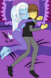 Size: 1262x1920 | Tagged: safe, artist:grapefruit-face, imported from derpibooru, trixie, oc, oc:grapefruit face, equestria girls, barefoot, base used, bed, blushing, canon x oc, clothes, eyes closed, feet, female, grapexie, male, pajamas, pillow, shipping, show accurate, sleeping, smiling, straight