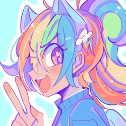 Size: 1080x1080 | Tagged: safe, artist:bland__boy, imported from derpibooru, rainbow dash, human, alternate hairstyle, bust, cute, cutie mark accessory, cutie mark hair accessory, dashabetes, eared humanization, hair accessory, humanized, open mouth, peace sign, ponytail, portrait, solo, winged humanization, wings