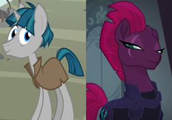 Size: 1151x803 | Tagged: safe, edit, edited screencap, imported from derpibooru, screencap, stygian, tempest shadow, pony, unicorn, my little pony: the movie, shadow play, clothes, cropped, eye scar, female, male, robe, scar, shipping, shipping domino, stallion, straight, tempgian