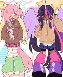 Size: 1080x1317 | Tagged: safe, artist:bland__boy, imported from derpibooru, part of a set, fluttershy, twilight sparkle, alicorn, human, bandaid, blackwashing, cellphone, clothes, dark skin, duo, eared humanization, glasses, horn, horned humanization, humanized, leg warmers, no pupils, peace sign, phone, shoes, skirt, socks, sweater, tailed humanization, twilight sparkle (alicorn), winged humanization, wings