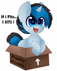 Size: 2912x3622 | Tagged: safe, artist:pegamutt, imported from derpibooru, oc, oc only, oc:solar gizmo, pony, unicorn, behaving like a cat, box, chest fluff, cute, eye clipping through hair, high res, if i fits i sits, ocbetes, open mouth, open smile, pony in a box, simple background, smiling, solo, white background