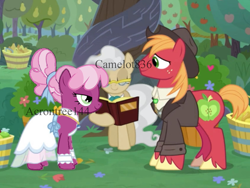 Size: 1024x768 | Tagged: safe, artist:acorntree144, edit, edited screencap, imported from derpibooru, screencap, big macintosh, cheerilee, mayor mare, earth pony, pony, the big mac question, alternate timeline, apple, apple tree, character swap, cheerimac, clothes, cowboy hat, cropped, dress, female, food, hat, jacket, looking at each other, male, mare, marriage, obtrusive watermark, pear, pear tree, shipping, stallion, straight, tree, watermark, wedding, wedding dress