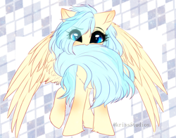 Size: 2778x2175 | Tagged: safe, artist:krissstudios, imported from derpibooru, oc, oc only, oc:aqua everglow, pegasus, pony, :3, biting, eye clipping through hair, female, high res, mare, nom, solo, tail bite