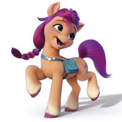 Size: 600x600 | Tagged: safe, imported from derpibooru, sunny starscout, earth pony, pony, female, g5, mare, official, open mouth, open smile, simple background, smiling, solo, standing on two hooves, white background