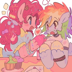 Size: 1080x1080 | Tagged: safe, artist:bland__boy, imported from derpibooru, pinkie pie, rainbow dash, earth pony, pegasus, semi-anthro, alternate hairstyle, blouse, clothes, cupcake, envelope, feeding, female, food, heart, hoof hold, lesbian, monster energy, open mouth, open smile, pictogram, pinkiedash, shipping, shirt, smiling, spoon, t-shirt, wristband