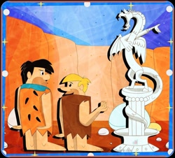 Size: 1080x976 | Tagged: safe, artist:fadartworkpage, imported from derpibooru, discord, draconequus, human, barney rubble, caveman, crossover, digital art, flintstones, fred flintstone, hanna barbera, looking at each other, male, orange background, retro, signature, simple background, statue, story included, talking, the flintstones, unamused