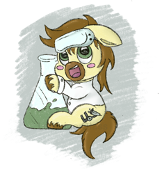 Size: 1016x1103 | Tagged: safe, artist:ledwine glass, imported from derpibooru, oc, oc only, oc:calpain, earth pony, pony, blushing, clothes, crayon drawing, cutie mark, flask, floppy ears, glasses, glasses off, grabbing, green eyes, lab coat, male, simple background, sitting, sitting on tail, solo, stallion, traditional art