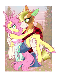 Size: 1280x1707 | Tagged: safe, artist:glitter-pastel-foxes, imported from derpibooru, applejack, fluttershy, anthro, earth pony, pegasus, unguligrade anthro, appleshy, bridal carry, carrying, female, lesbian, looking at each other, shipping