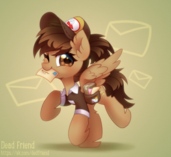 Size: 3200x2936 | Tagged: safe, artist:dedfriend, imported from derpibooru, oc, oc only, pegasus, pony, cute, ear fluff, female, hat, high res, letter, looking at you, mailmare, mailpony, mare, mouth hold, one eye closed, pegasus oc, ponytail, smiling, smiling at you, solo, spread wings, standing, standing on one leg, wings, wink, winking at you