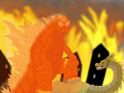 Size: 4032x3024 | Tagged: safe, artist:lordshrekzilla20, imported from derpibooru, kaiju, fanfic:godzilla:clash of the titans, burning godzilla, crystal empire, fanfic art, fire, godzilla, godzilla (series), king ghidorah