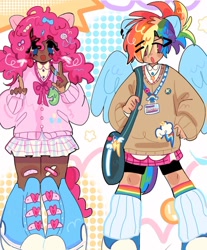 Size: 1080x1307 | Tagged: safe, artist:bland__boy, imported from derpibooru, part of a set, pinkie pie, rainbow dash, human, alternate hairstyle, bandaid, clothes, converse, cutie mark, cutie mark on clothes, dark skin, duo, ear piercing, eared humanization, earring, humanized, jewelry, leg warmers, moderate dark skin, peace sign, piercing, pigtails, shoes, shoulder bag, skirt, sweater, tailed humanization, twintails, winged humanization, wings, wonderbolts logo