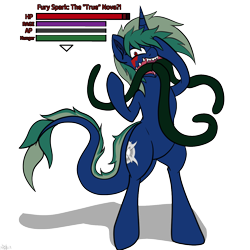 Size: 1200x1200 | Tagged: safe, artist:novaspark, imported from derpibooru, oc, oc only, oc:fury spark, oc:nova spark, monster pony, original species, tatzlpony, series:tatzl tussle, bipedal, fangs, female, health bars, life bar, link in description, simple background, solo, tentacles, transparent background