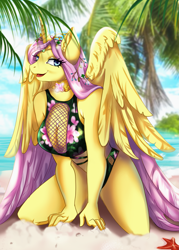 Size: 2009x2800 | Tagged: safe, alternate version, artist:dorothea322, imported from derpibooru, fluttershy, oc, oc:princess fluttershy, alicorn, anthro, pony, starfish, alicorn oc, alternate hairstyle, alternate universe, beach, bikini babe, commission, element of kindness, horn, jewelry, missing cutie mark, ocean, palm tree, princess fluttershy, sand, sexy, smiling, solo, story included, tiara, tree, two toned wings, water, wings, ych result