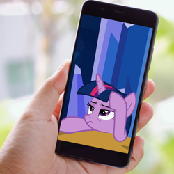 Size: 600x600 | Tagged: safe, imported from ponybooru, screencap, twilight sparkle, alicorn, human, pony, made in manehattan, bored, cropped, ears, facedesk, floppy ears, frown, grumpy, grumpy twilight, offscreen character, offscreen human, sigh, solo, twilight sparkle (alicorn)