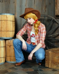 Size: 720x900 | Tagged: safe, artist:atemismooncosplay, imported from derpibooru, applejack, human, barrel, clothes, cosplay, costume, cowboy hat, hat, irl, irl human, photo