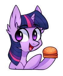 Size: 652x782 | Tagged: safe, artist:handgunboi, edit, imported from twibooru, twilight sparkle, pony, unicorn, burger, eyebrows, eyebrows visible through hair, female, food, image, mare, needs more jpeg, open mouth, open smile, simple background, smiling, solo, twilight burgkle, unicorn twilight, watermark removal, white background