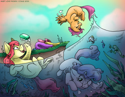 Size: 1200x932 | Tagged: safe, artist:kaemantis, imported from ponybooru, apple bloom, scootaloo, sweetie belle, earth pony, fish, frog, pegasus, pony, unicorn, cutie mark crusaders, female, filly, puffy cheeks, soap, swimming, towel, trio, underwater