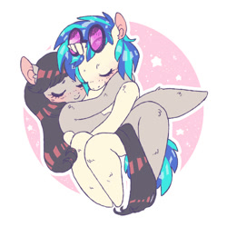 Size: 700x700 | Tagged: artist needed, safe, imported from derpibooru, dj pon-3, octavia melody, vinyl scratch, cuddling, simple background, vylet pony, white background